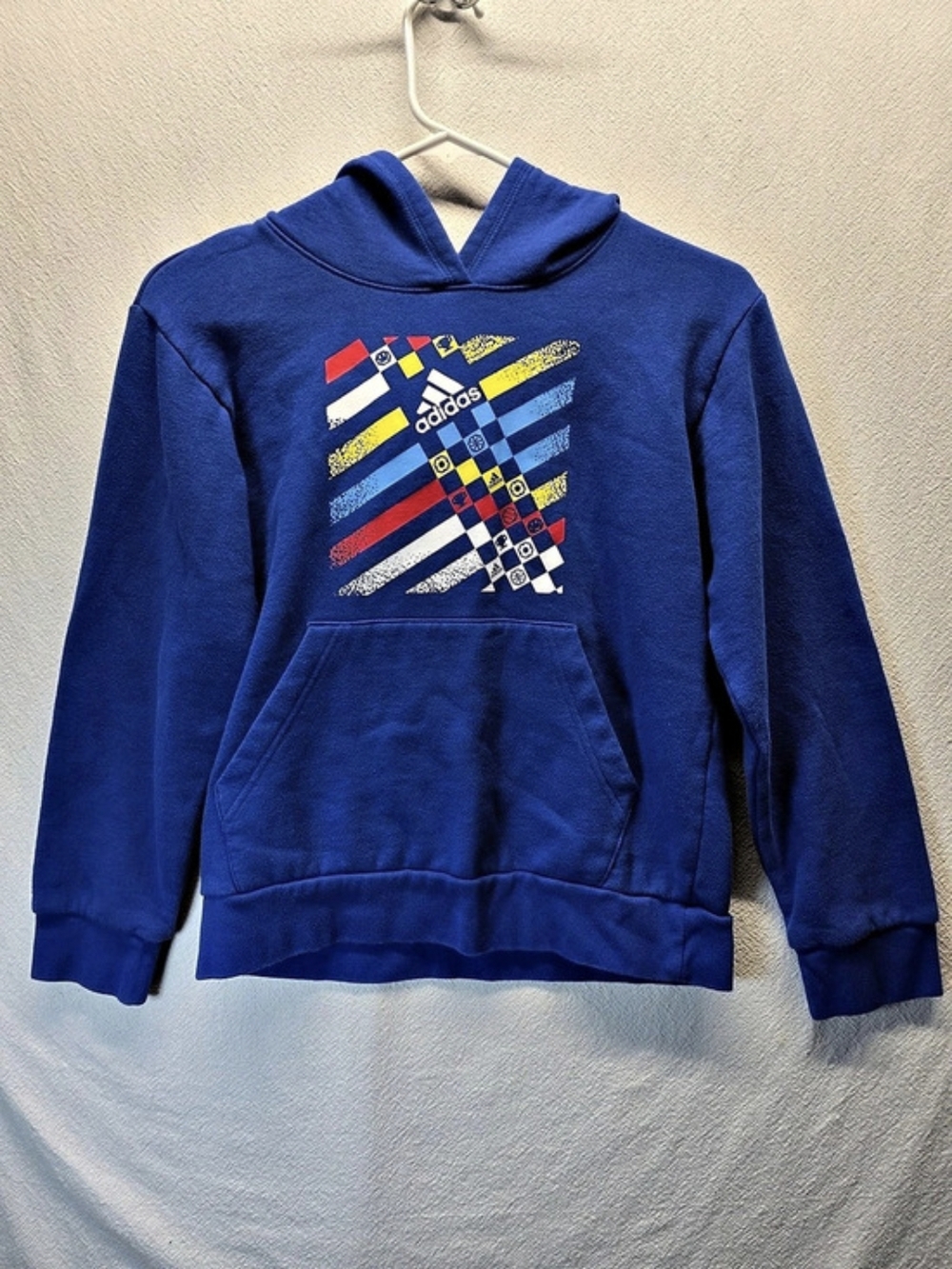adidas Kids' Blue Geometric Hoodie Youth medium.